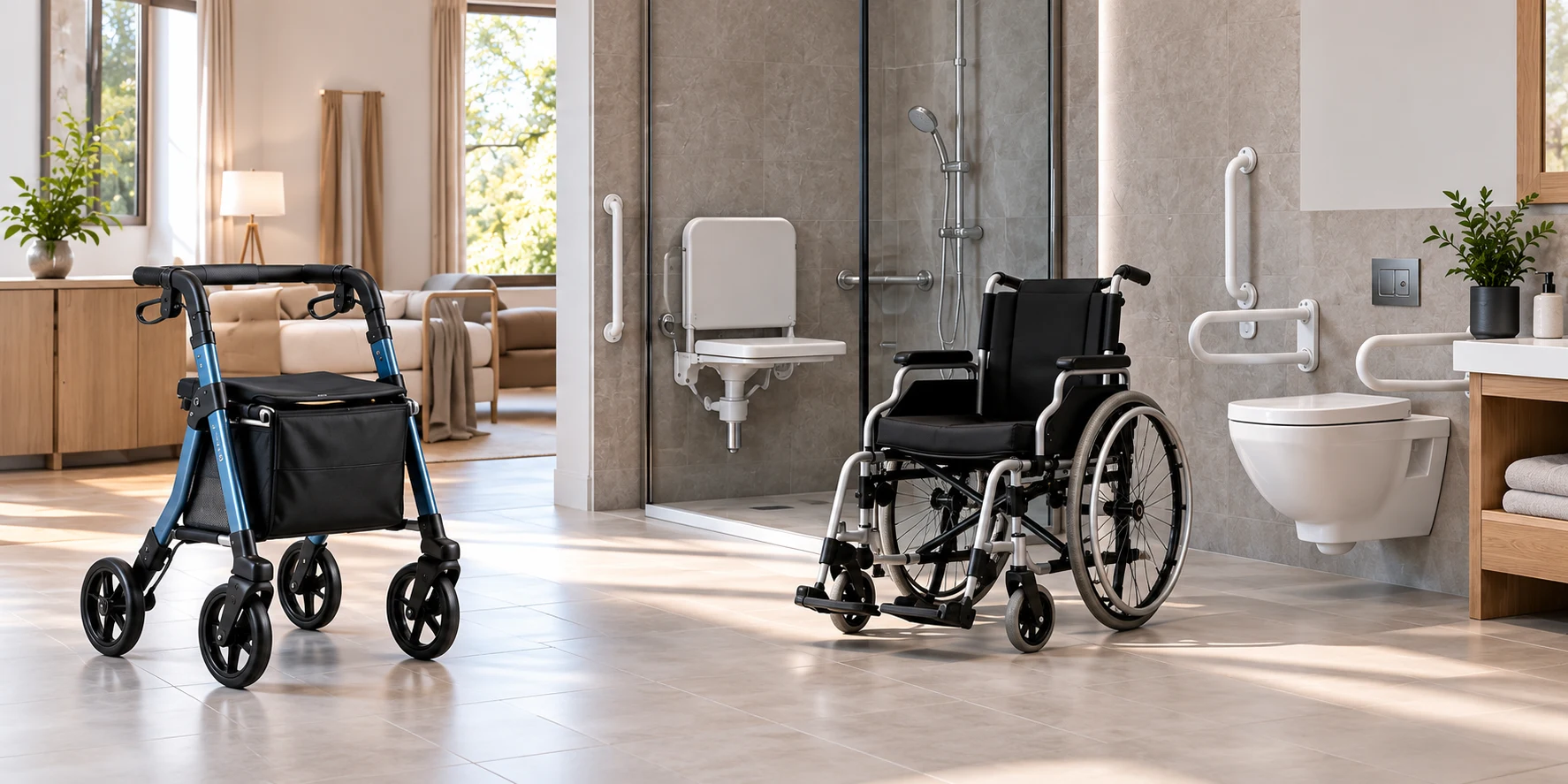 Mobility equipment in a contemporary accessible home, with a rollator, wheelchair and bathroom support rails